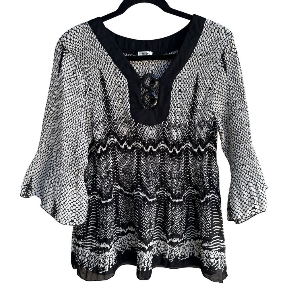 Nicola Petites Black White Snake Print Flared Sleeves V-Neckline Tunic Blouse PX
